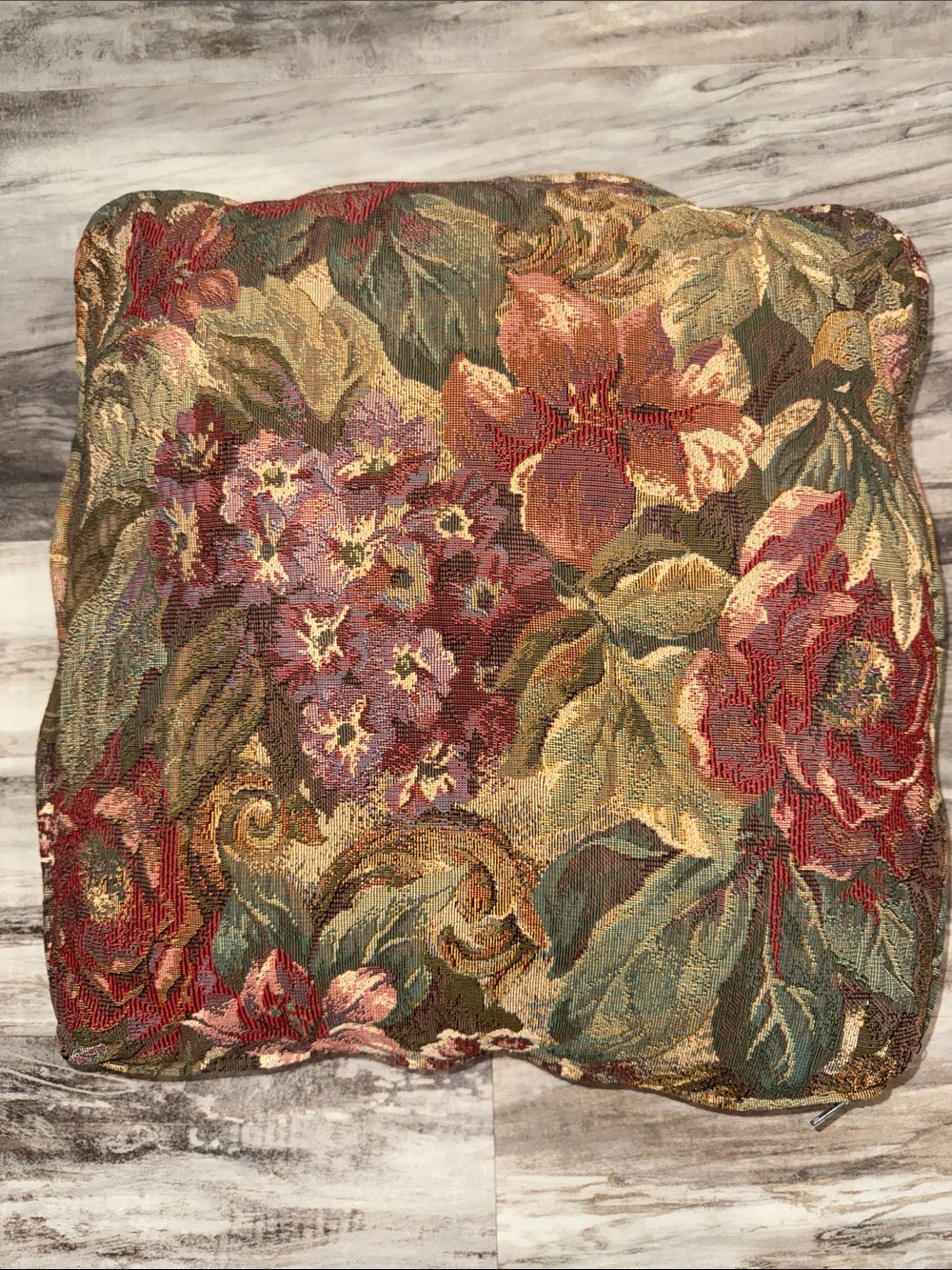 vintage floral tapestry throw pillow zip side stuffed flowers scalloped sides